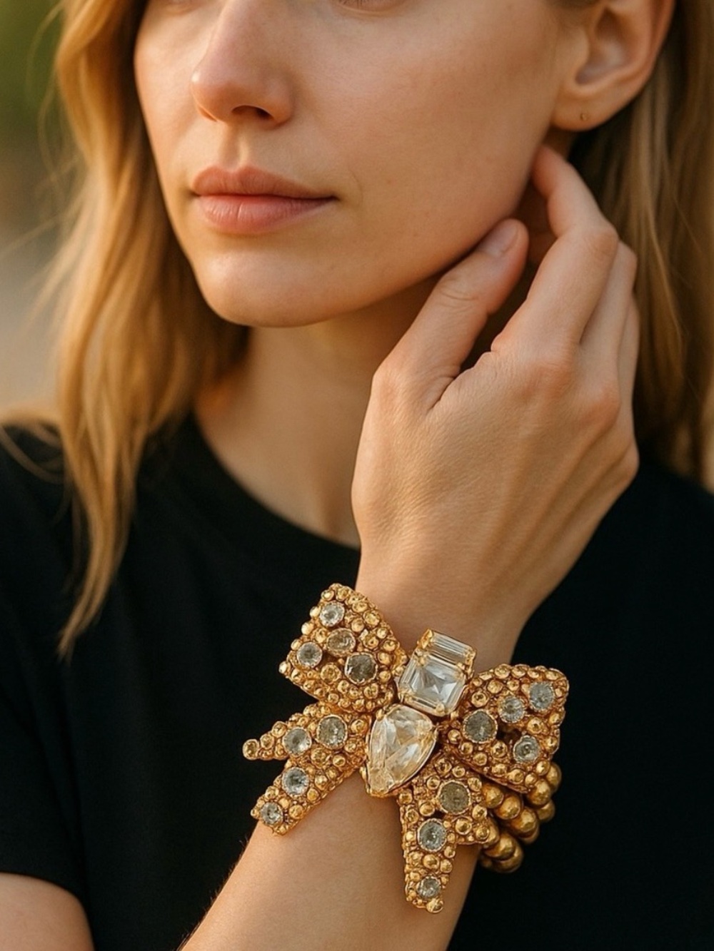 Miu Miu Gold Crystal Beaded Bow Bracelet